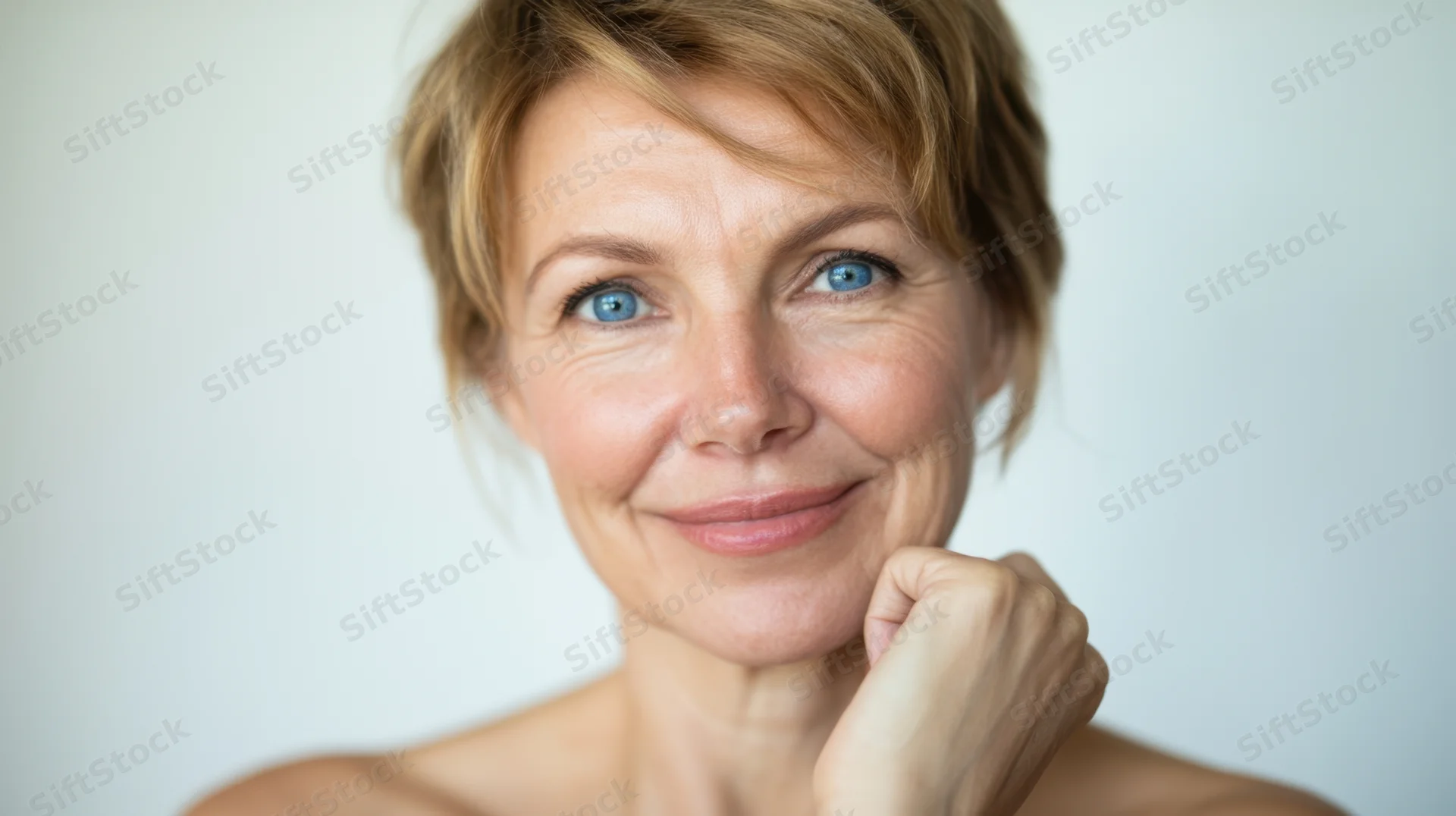 Middle-aged woman smiling with hand on chin in studio portrait