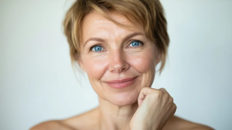 Middle-aged woman smiling with hand on chin in studio portrait