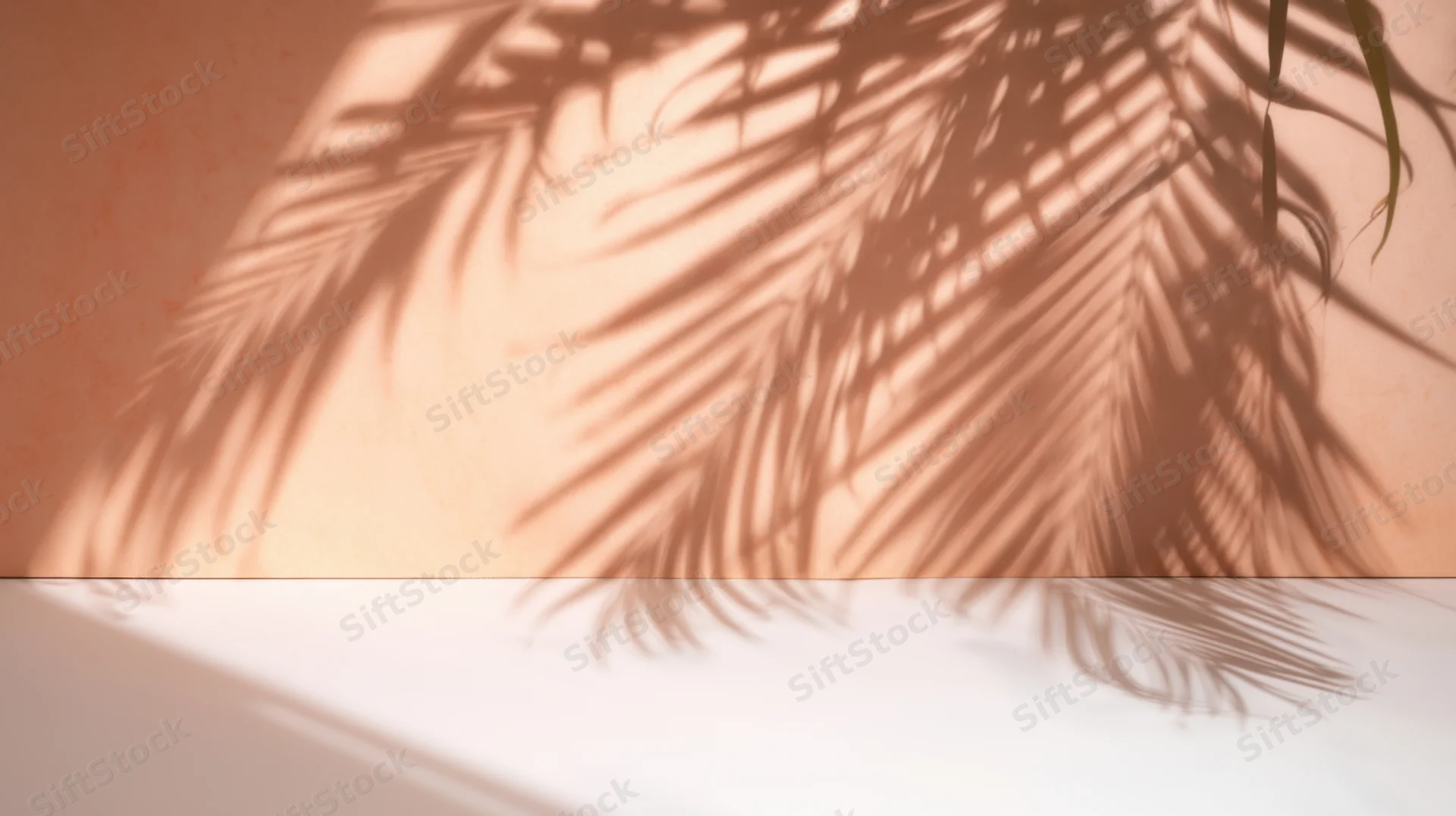Palm leaf shadows cast on a peach wall and white floor in a minimalist interior