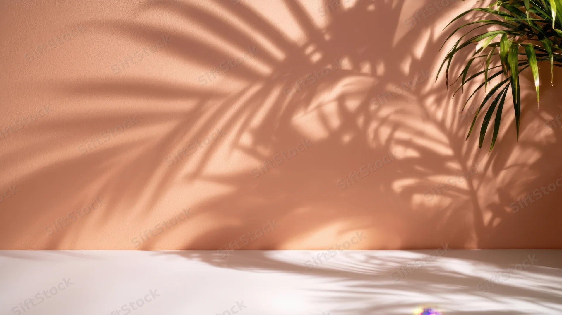 Tropical plant casting leaf shadows on a beige wall above a white surface