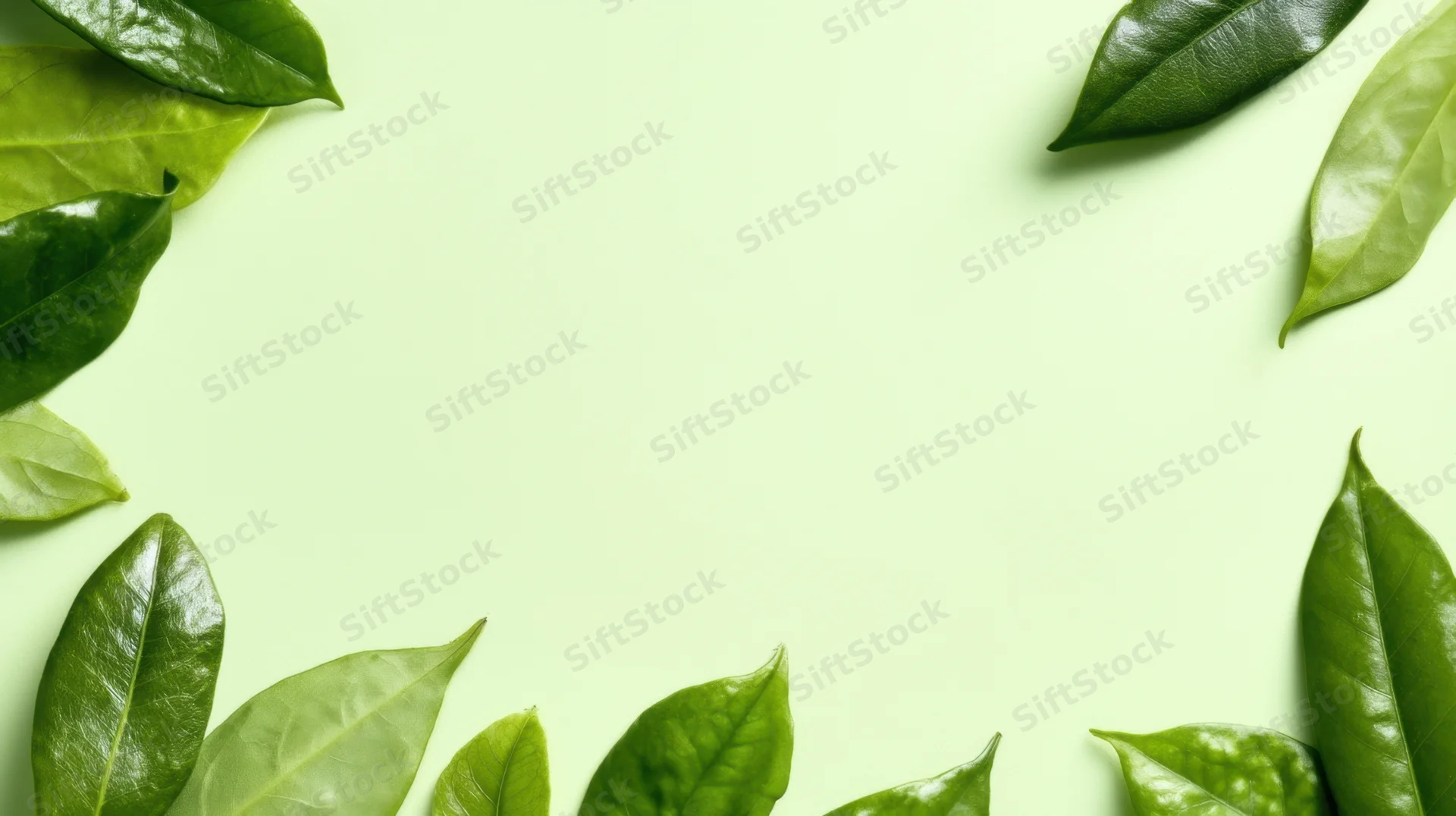 Green leaves arranged in a frame on a light green background with copyspace