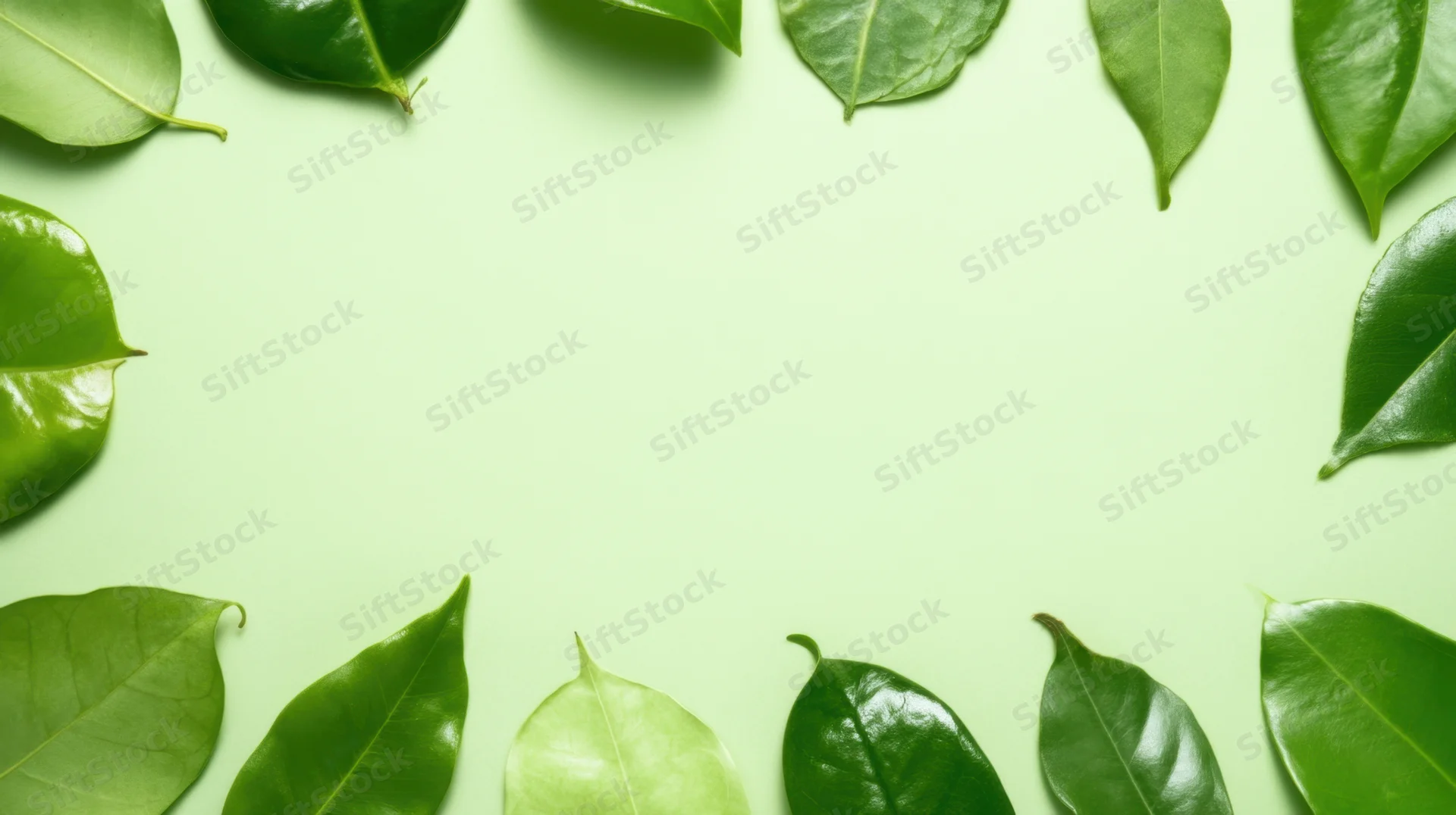Green leaves arranged in a frame around a light green background with copyspace in the center