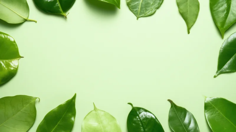 Green leaves arranged in a frame around a light green background with copyspace in the center