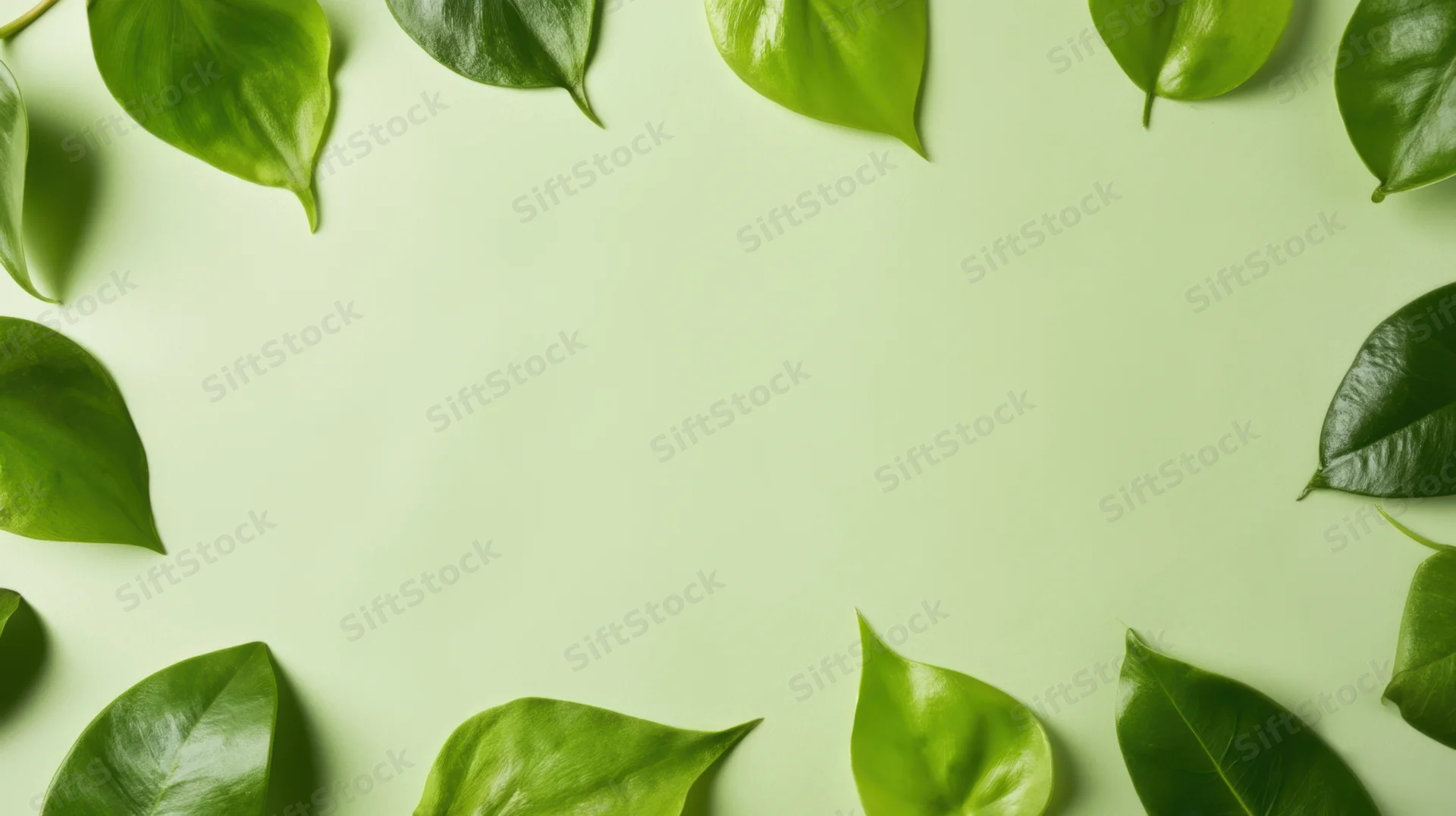 Green leaves arranged in a frame around a light green surface with copyspace in the center