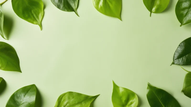 Green leaves arranged in a frame around a light green surface with copyspace in the center