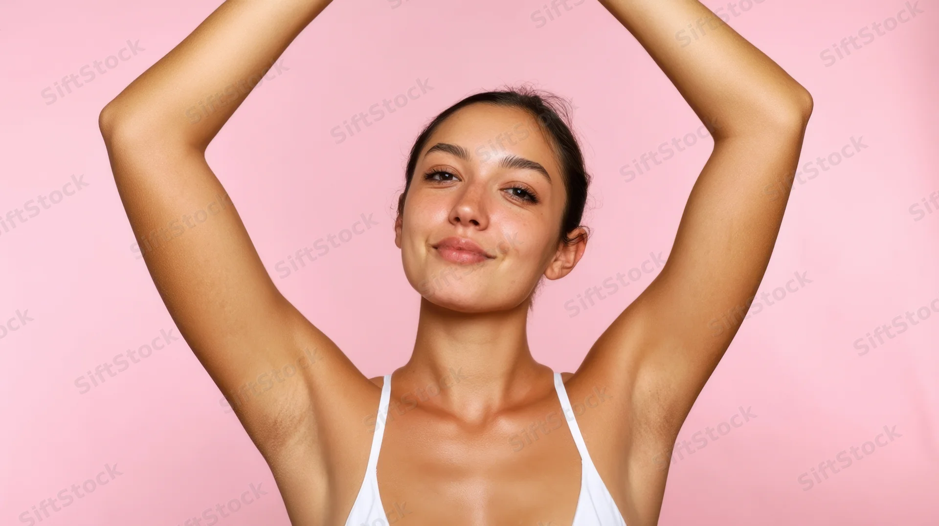 Woman smiling with arms raised against pink background wearing white tank top