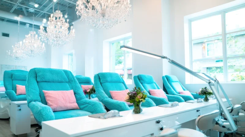 Turquoise pedicure chairs with pink cushions arranged in a bright modern salon interior