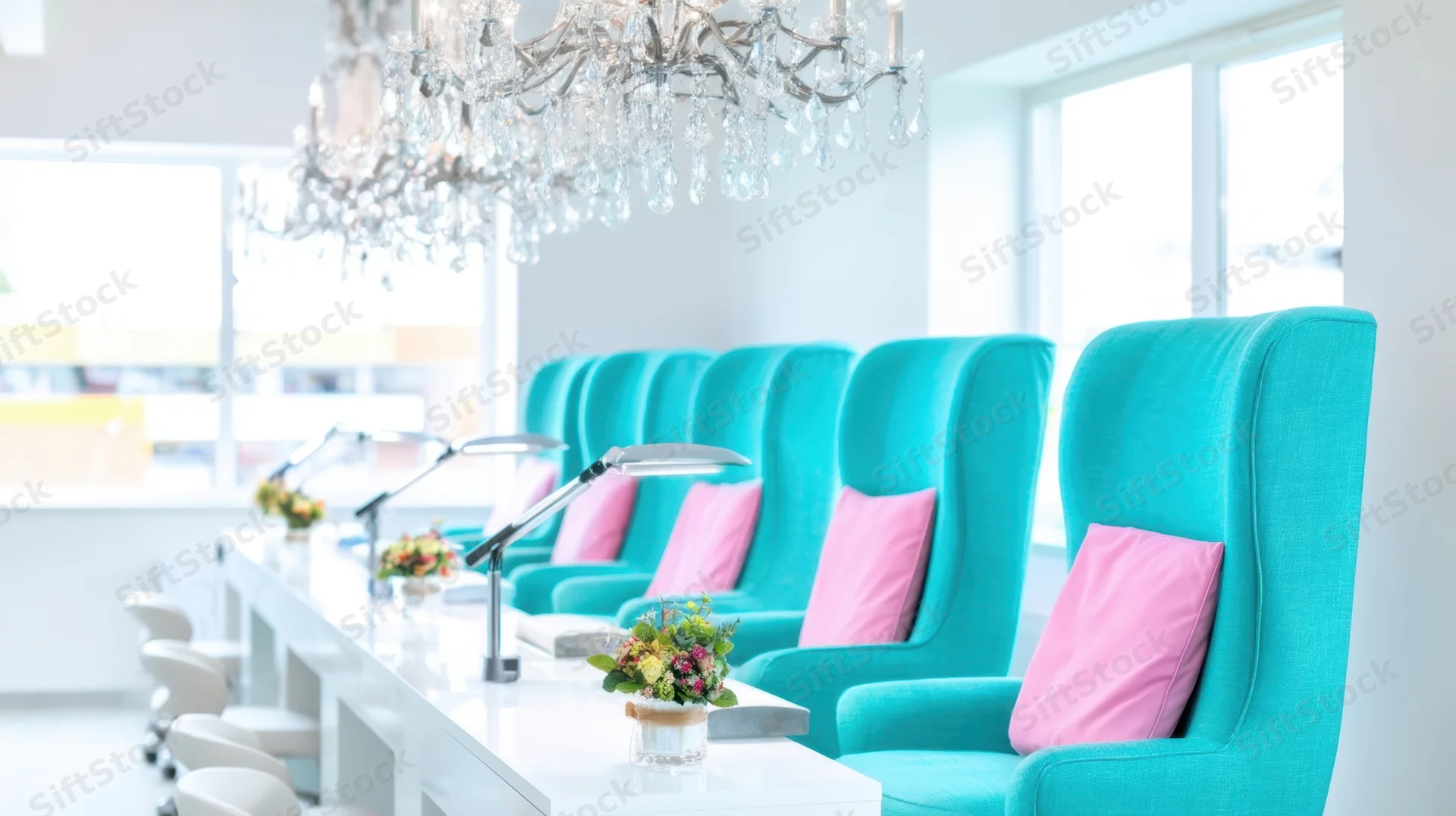 Row of turquoise armchairs with pink cushions in a modern salon interior with chandelier and white counter