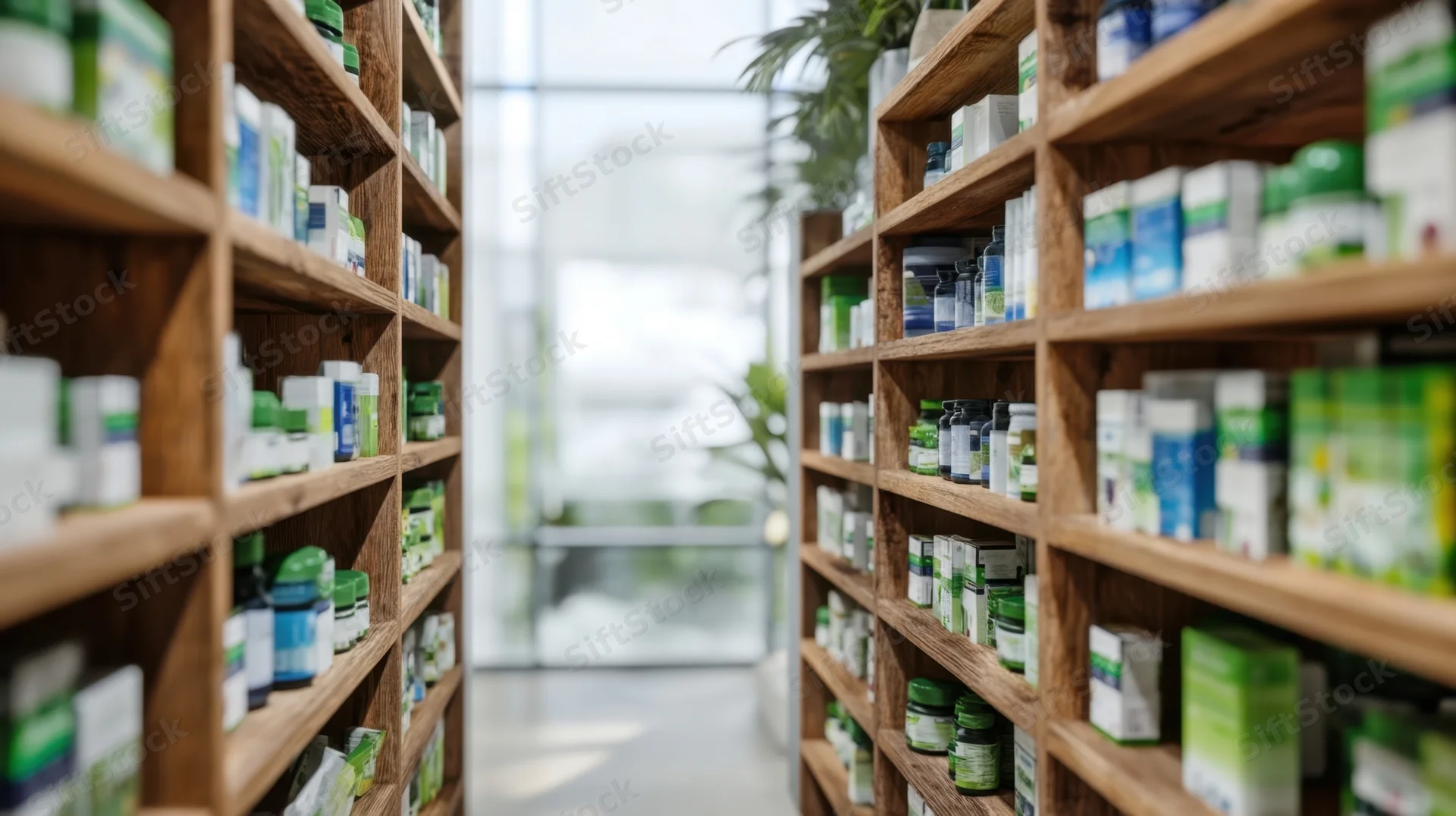 Wooden shelves stocked with health supplements in a modern pharmacy aisle