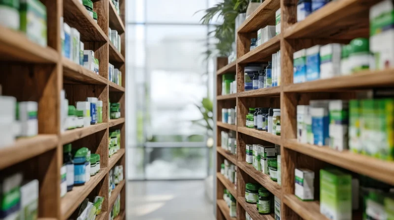 Wooden shelves stocked with health supplements in a modern pharmacy aisle