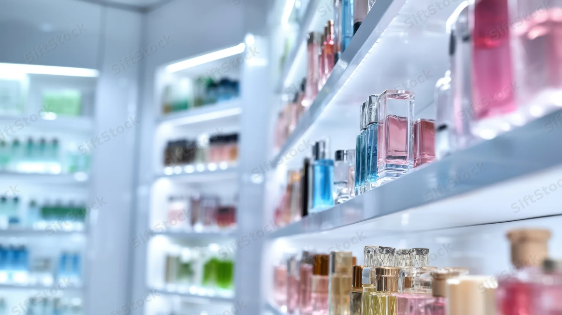 Perfume bottles arranged on illuminated shelves in a modern retail store