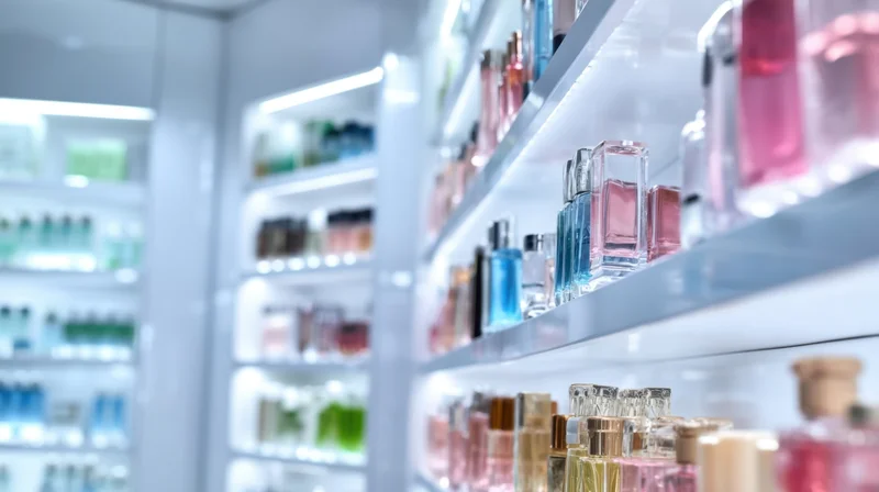 Perfume bottles arranged on illuminated shelves in a modern retail store