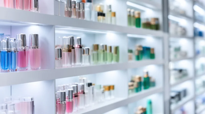 Shelves filled with colorful nail polish bottles in a modern beauty store display