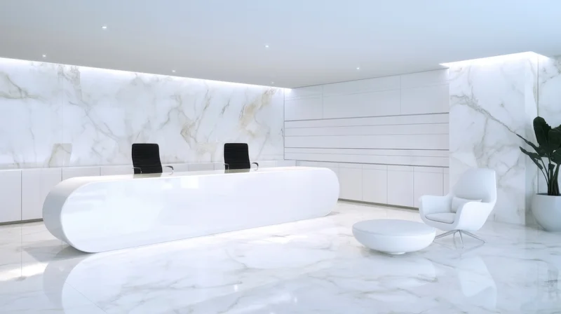 Modern white marble reception area with sleek furniture and minimalist design