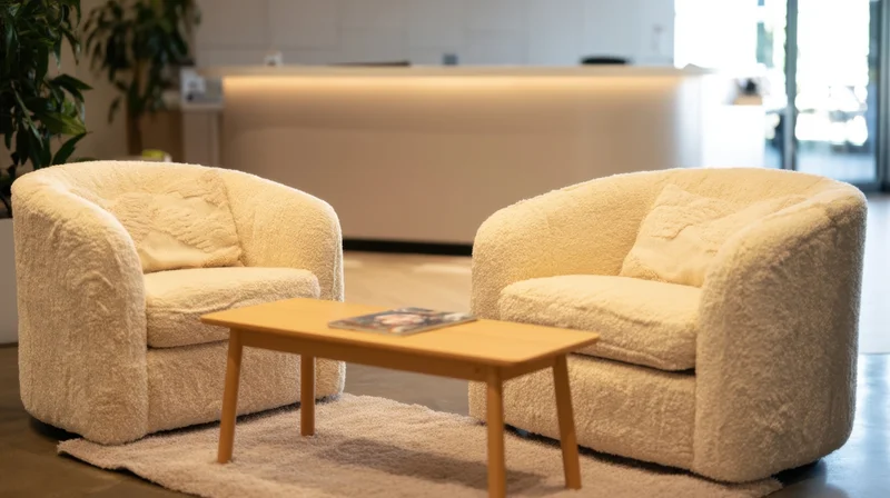 Two cream sheepskin armchairs with a wooden coffee table on a rug in a modern reception area