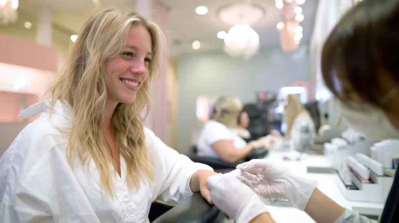 Woman receiving manicure in nail salon smiling at technician