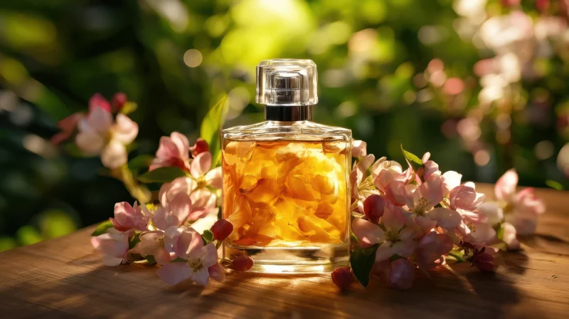 Perfume bottle with floating petals on wooden table surrounded by apple blossoms in sunlight
