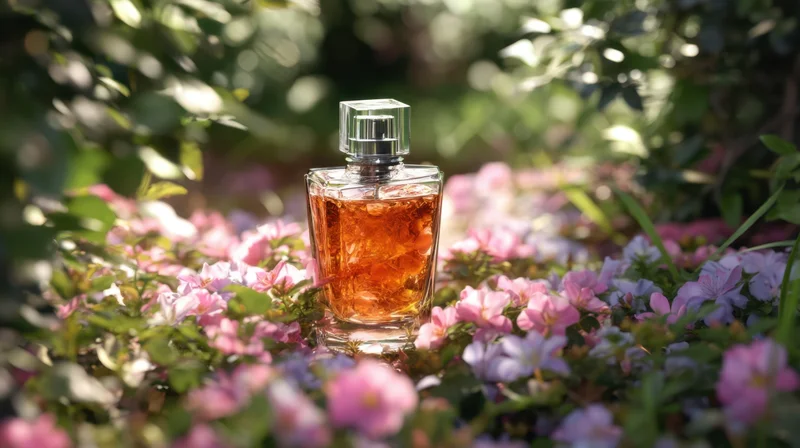 Perfume bottle resting among pink and purple flowers in a sunlit garden