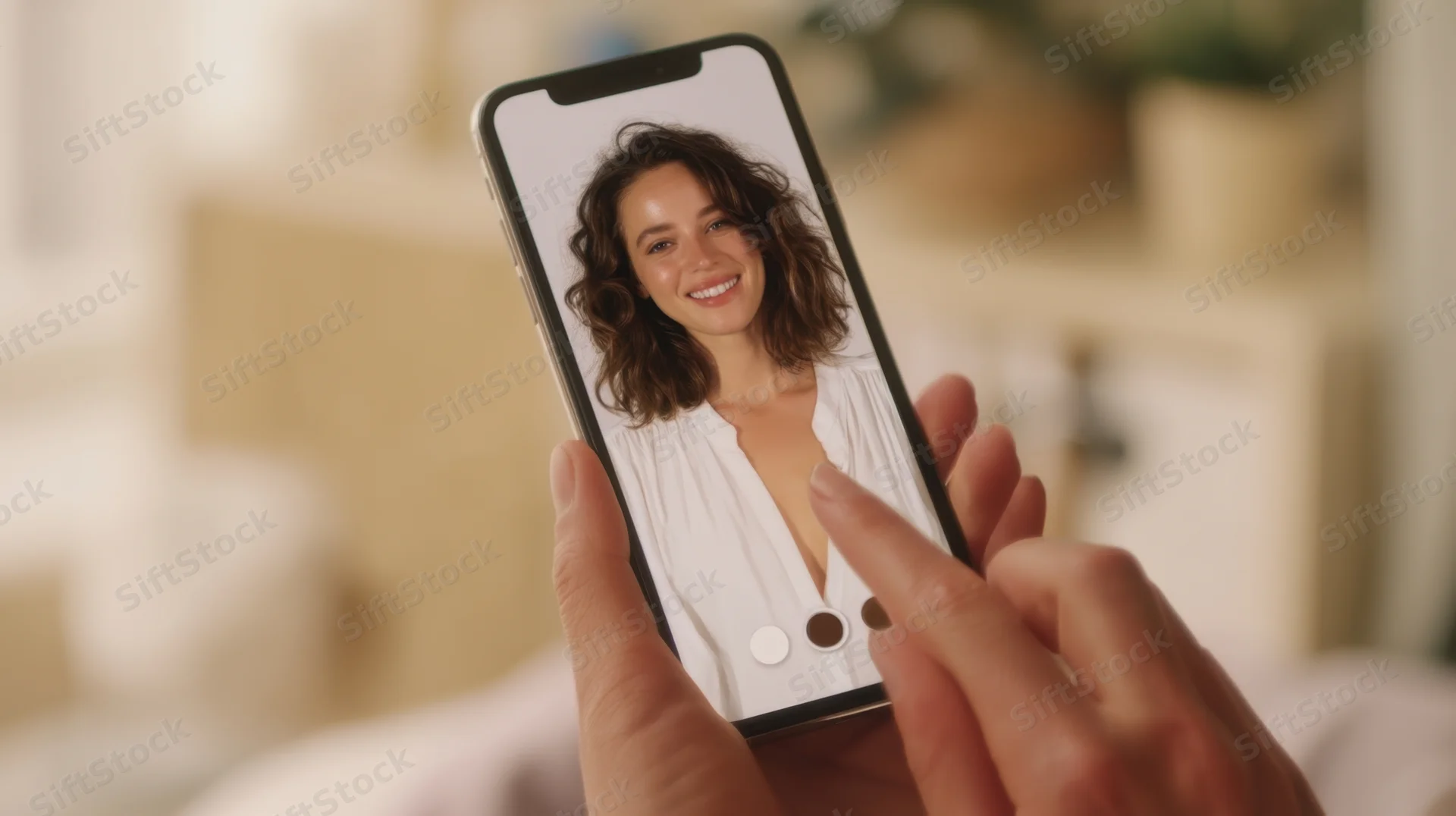 Woman smiling in smartphone screen during virtual clothing tryon at home