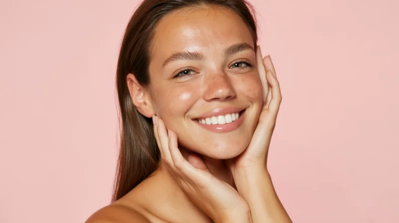 Young woman smiling with hands on cheeks against pink background