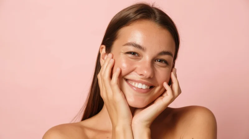 Young woman smiling with hands on cheeks against pink background