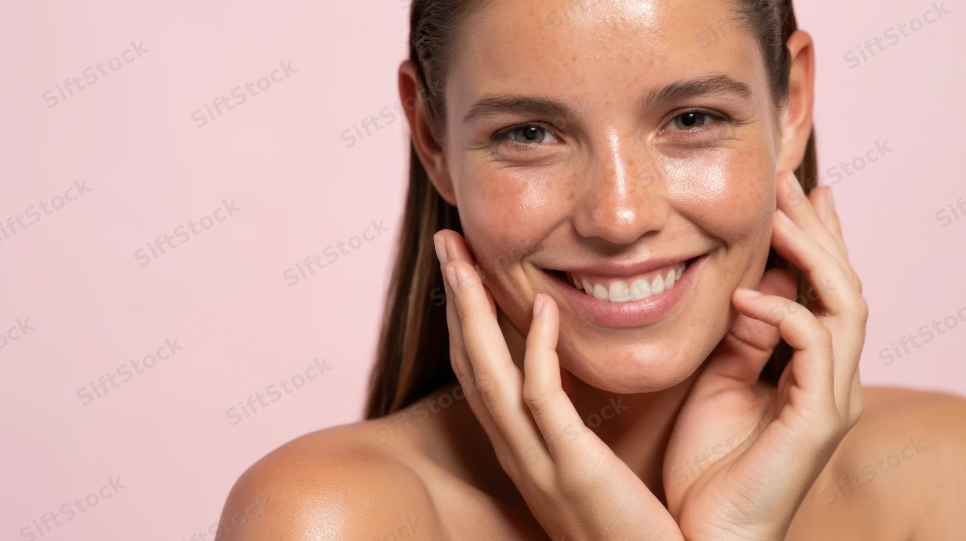 Woman smiling with hands on cheeks against pink background