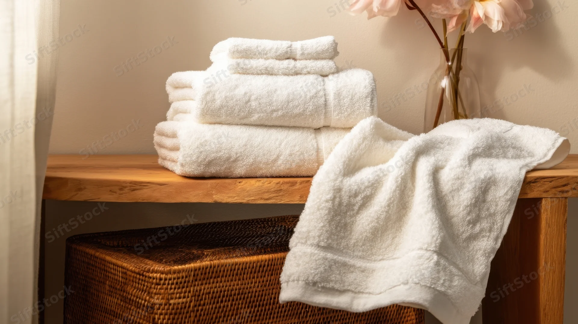 White towels stacked and draped on wooden shelf beside vase of pink flowers in bathroom setting
