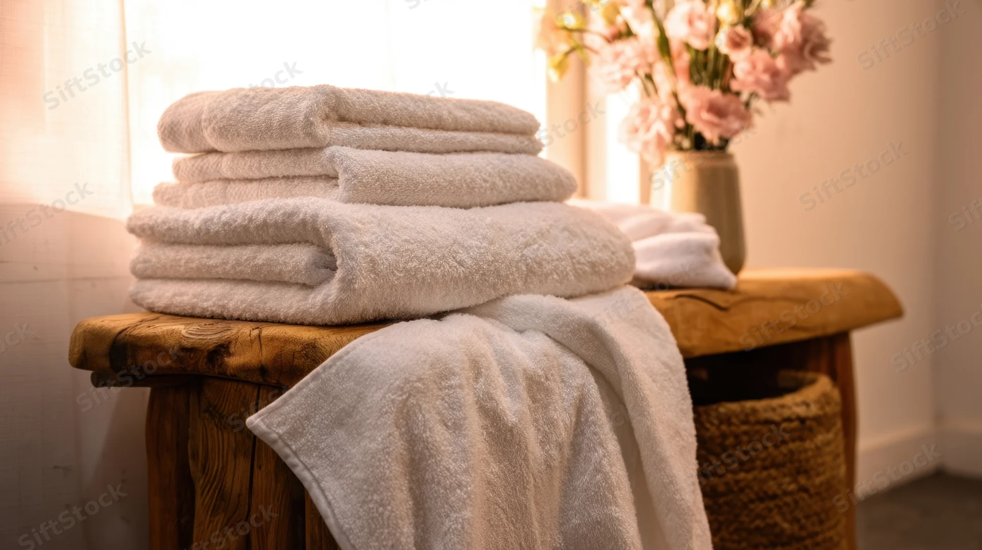 Folded white towels stacked on a wooden table beside a vase of pink flowers near a window