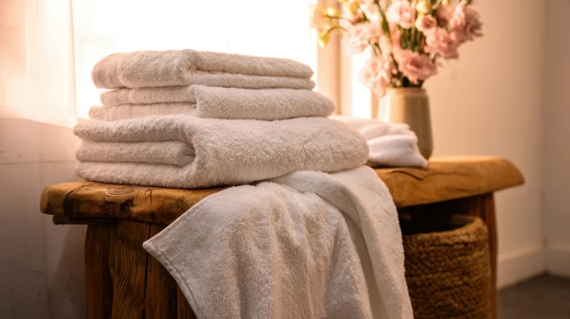 Folded white towels stacked on a wooden table beside a vase of pink flowers near a window