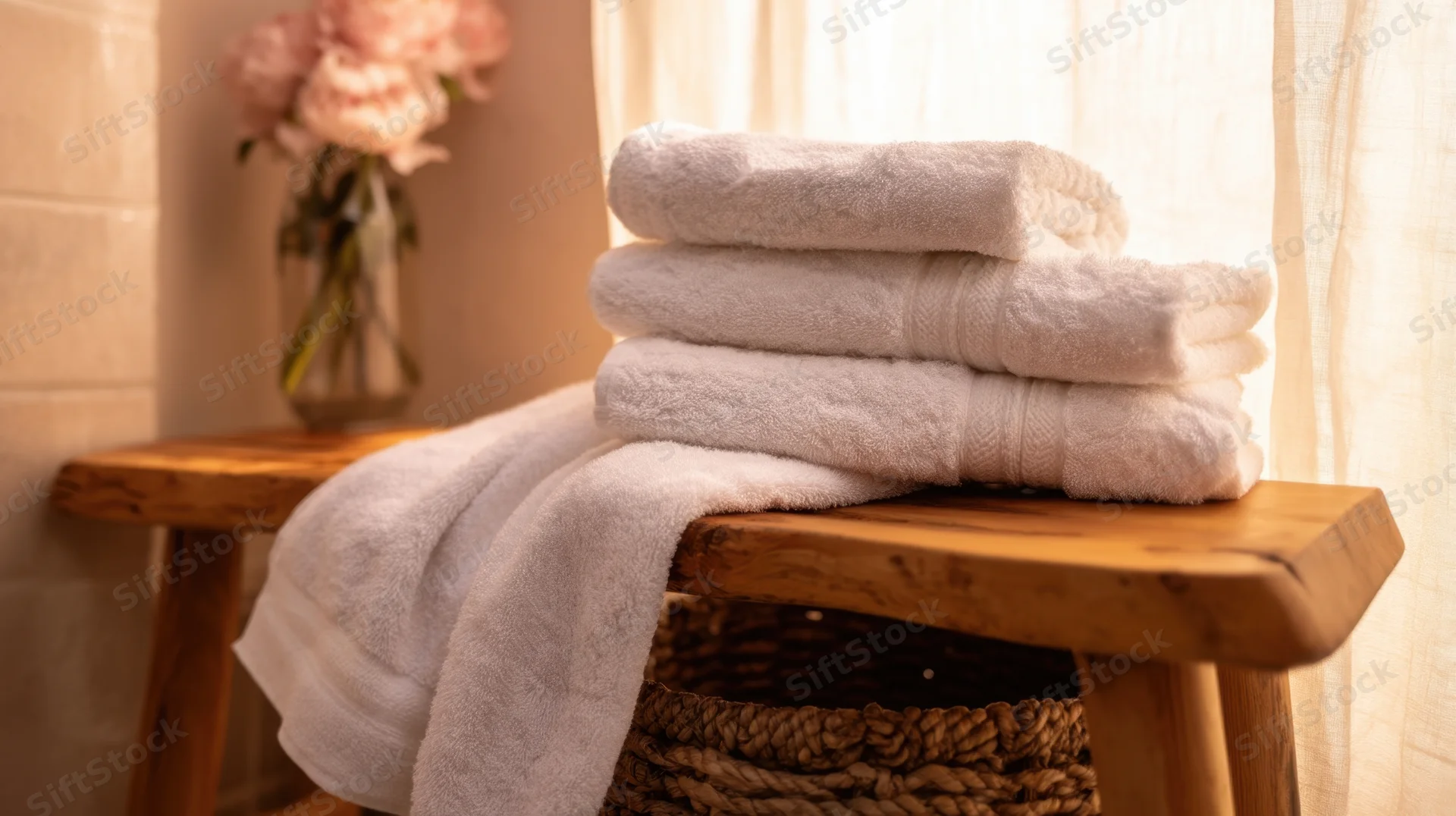 Folded white towels stacked on a wooden stool in a serene bathroom with flowers in a vase nearby