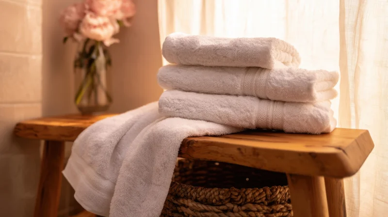 Folded white towels stacked on a wooden stool in a serene bathroom with flowers in a vase nearby