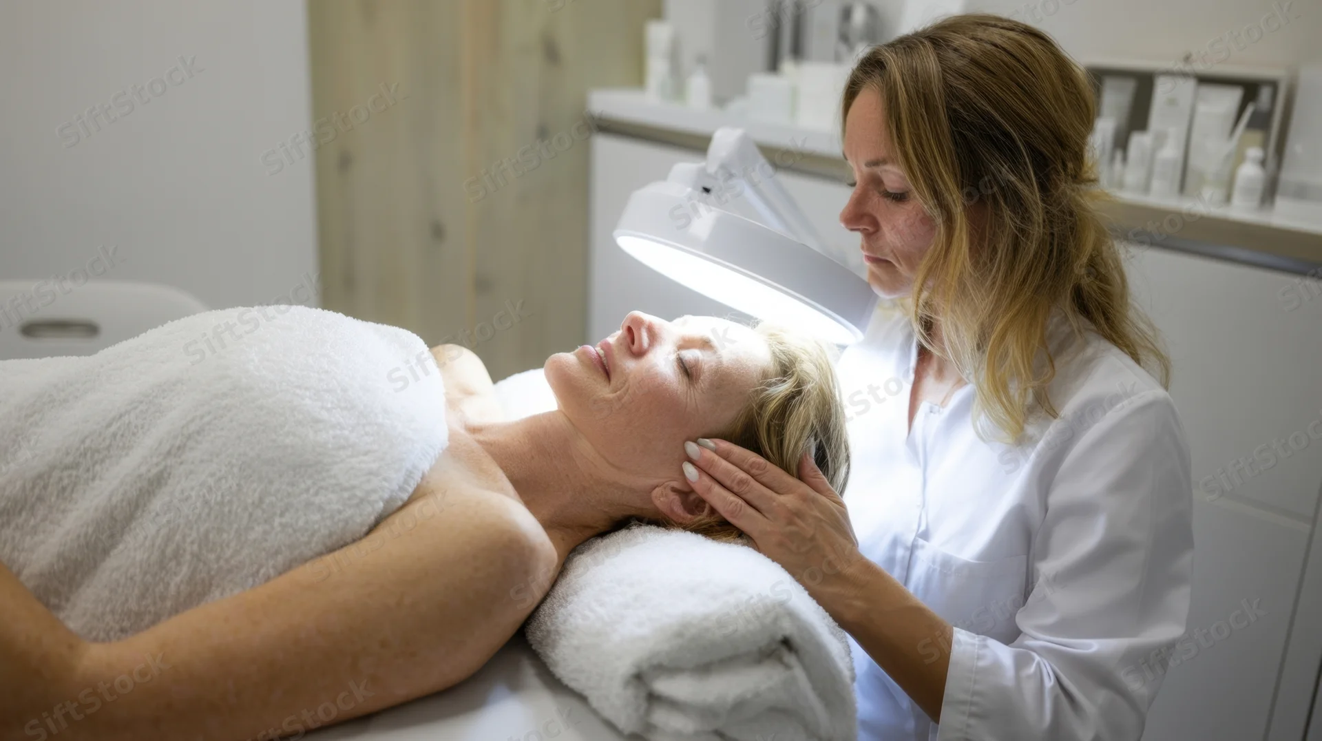 Woman receiving facial skincare treatment in a clinic with a dermatologist examining her skin under a lamp
