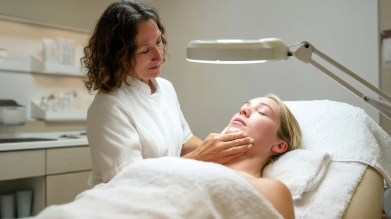 Woman receiving facial treatment in a spa clinic with a practitioner examining her skin under a magnifying lamp