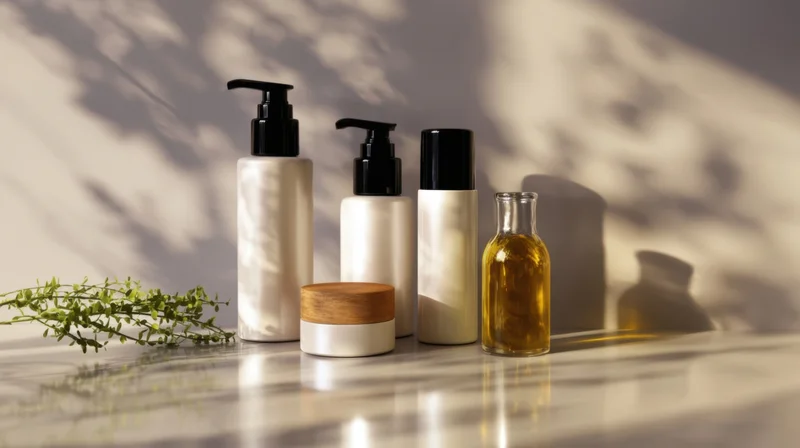 Skincare products arranged on a reflective surface with plant and sunlight shadows