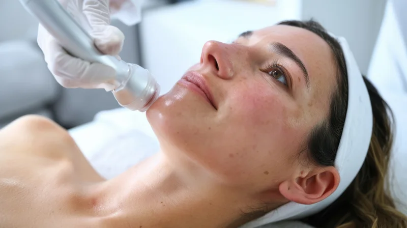 Woman receiving facial treatment with handheld device in clinic