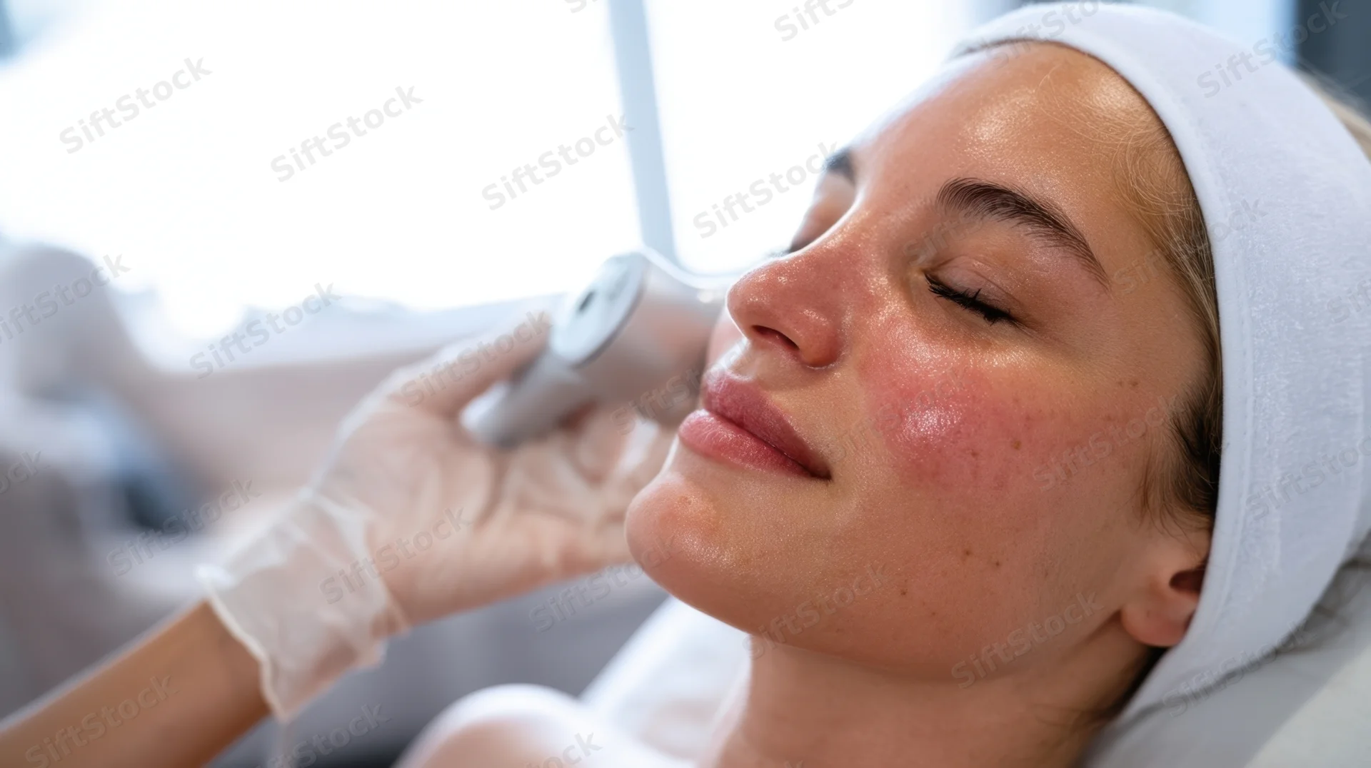 Woman receiving facial treatment with handheld device in spa setting