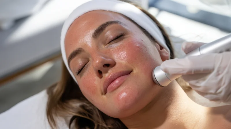 Woman receiving facial treatment with handheld device in clinic