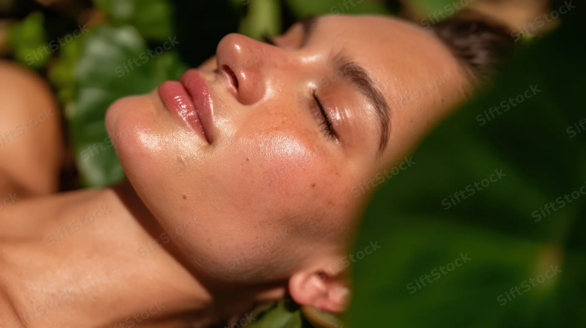 Closeup of a woman’s face resting among green leaves with eyes closed in natural sunlight