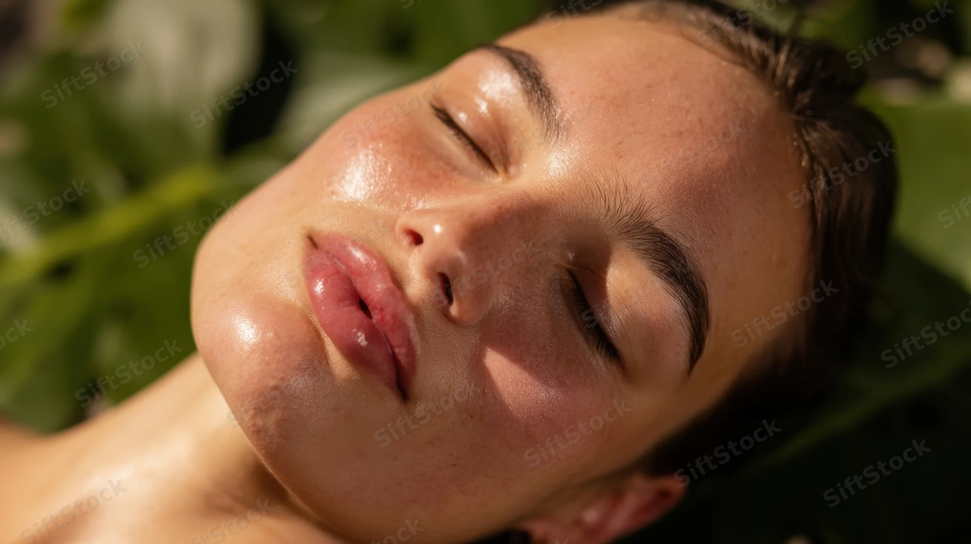 Woman with closed eyes resting on green leaves in sunlight