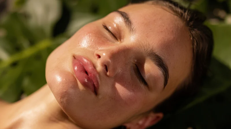 Woman with closed eyes resting on green leaves in sunlight