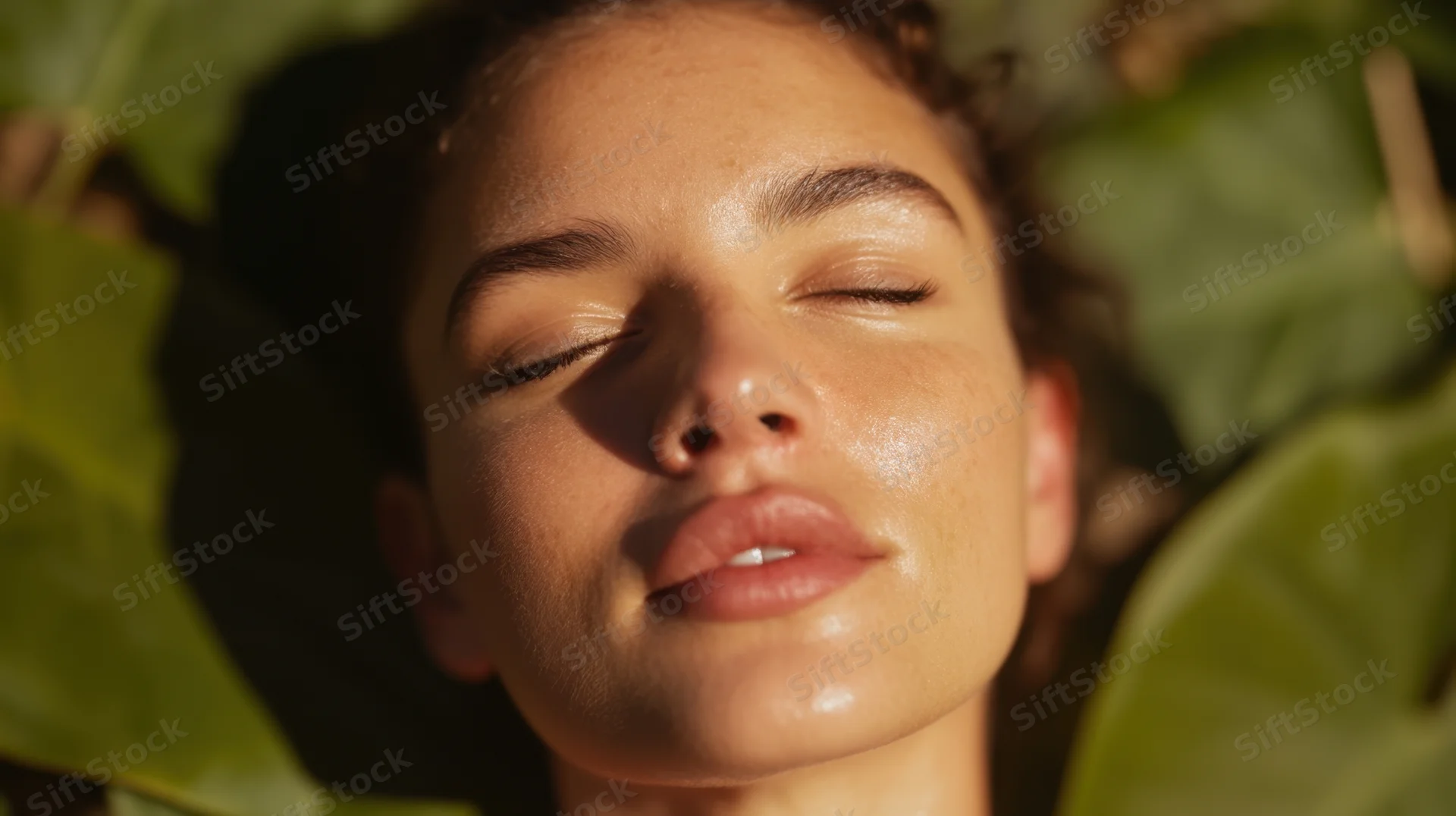 Closeup of a woman with closed eyes resting among green leaves in sunlight