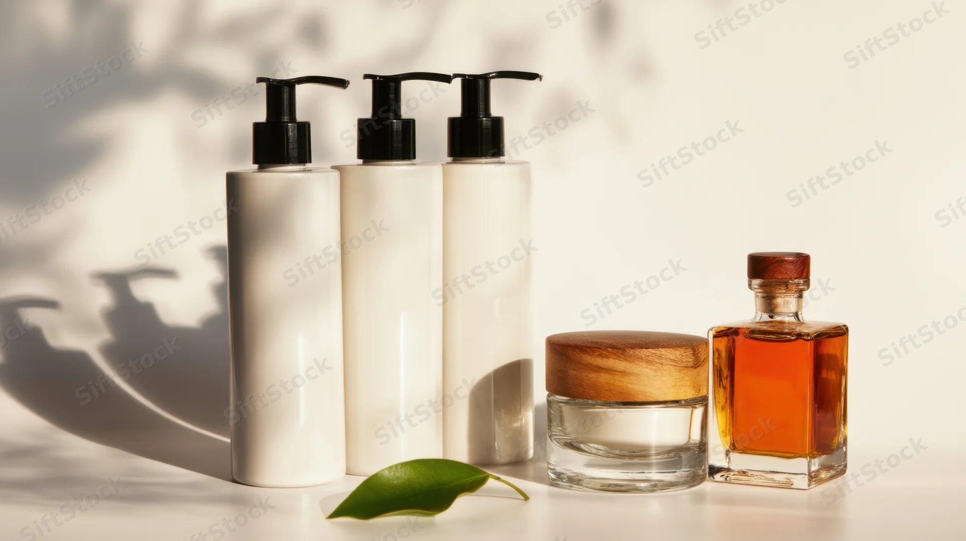 Skincare products arranged on a white surface with natural light and a green leaf