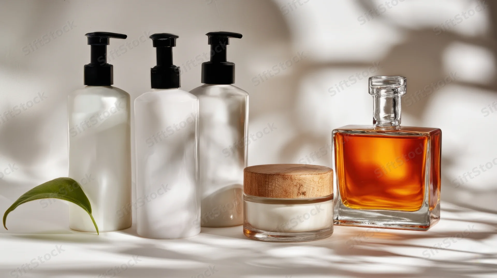 Skincare products arranged on a white surface with dappled light and a green leaf