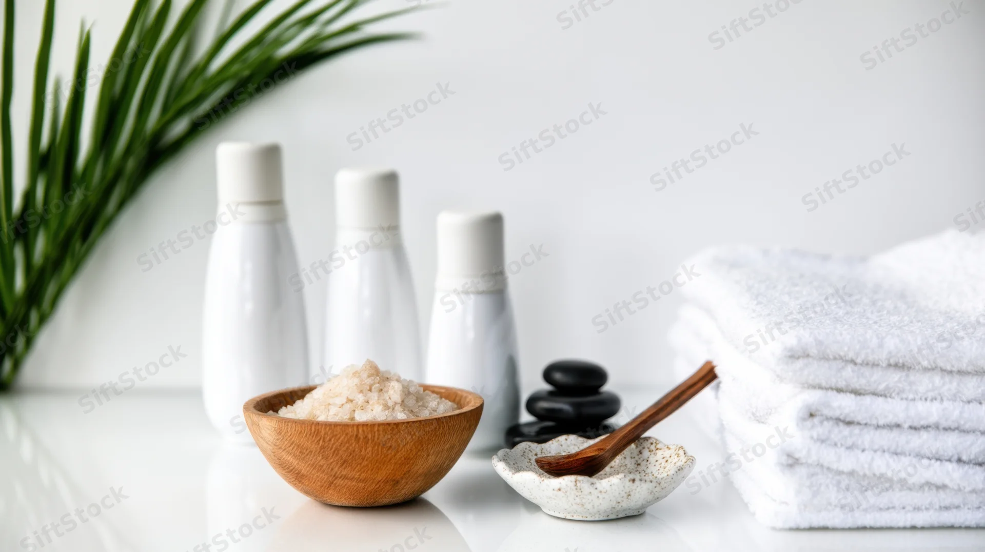 Spa products and towels arranged on a white countertop with greenery in the background