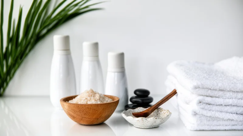 Spa products and towels arranged on a white countertop with greenery in the background