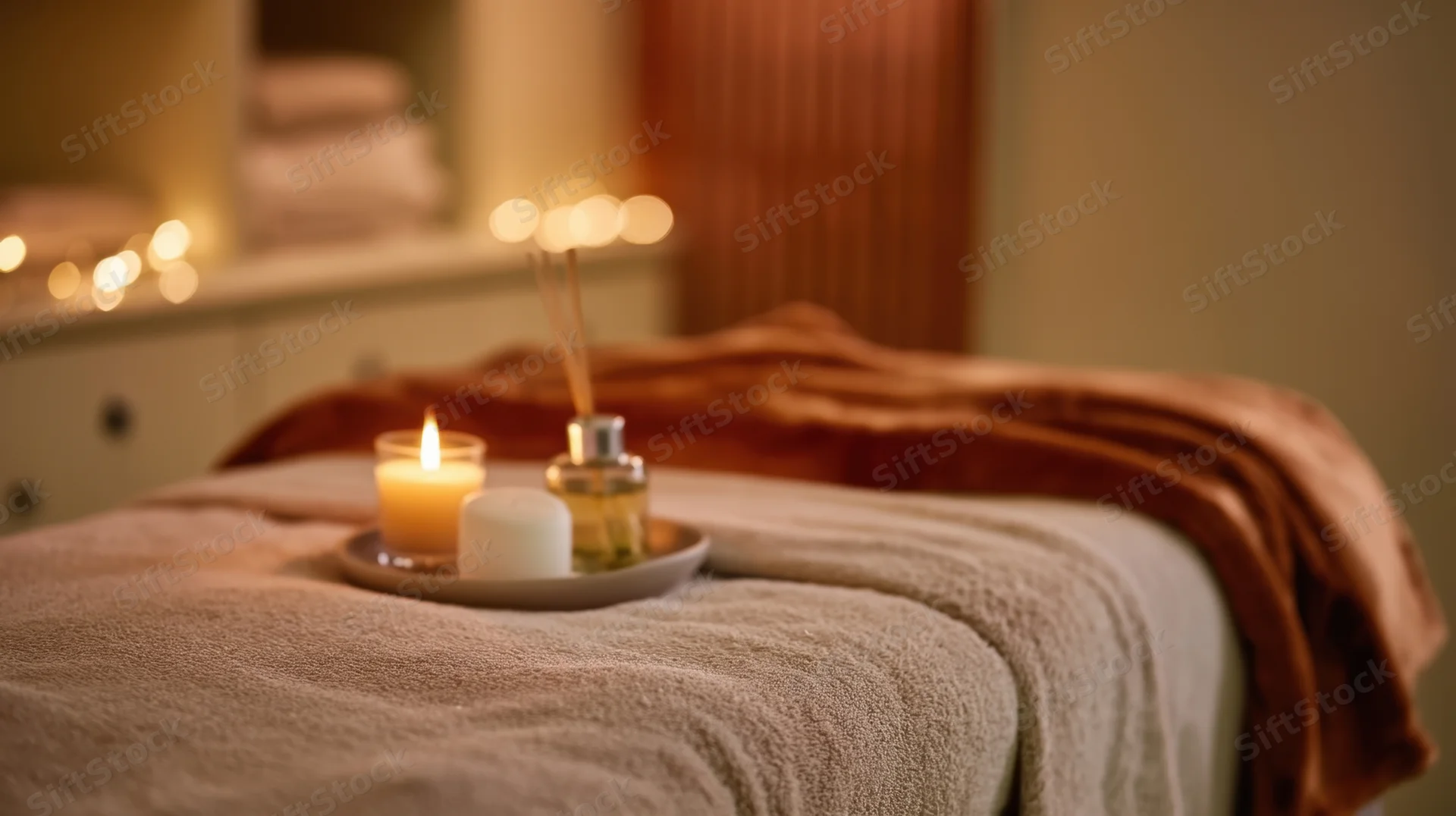 Massage table with lit candle and essential oil diffuser on tray, in softly lit spa room
