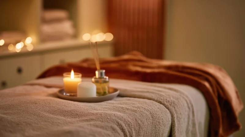 Massage table with lit candle and essential oil diffuser on tray, in softly lit spa room