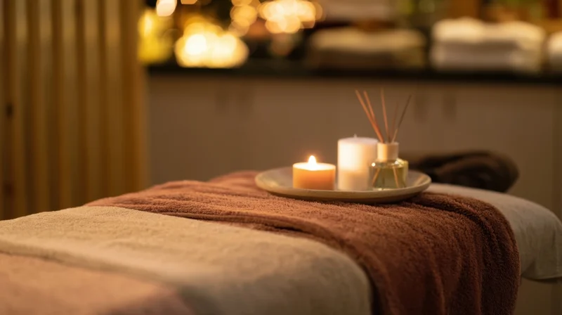 Massage bed with lit candle and reed diffuser on tray, in dimly lit spa room