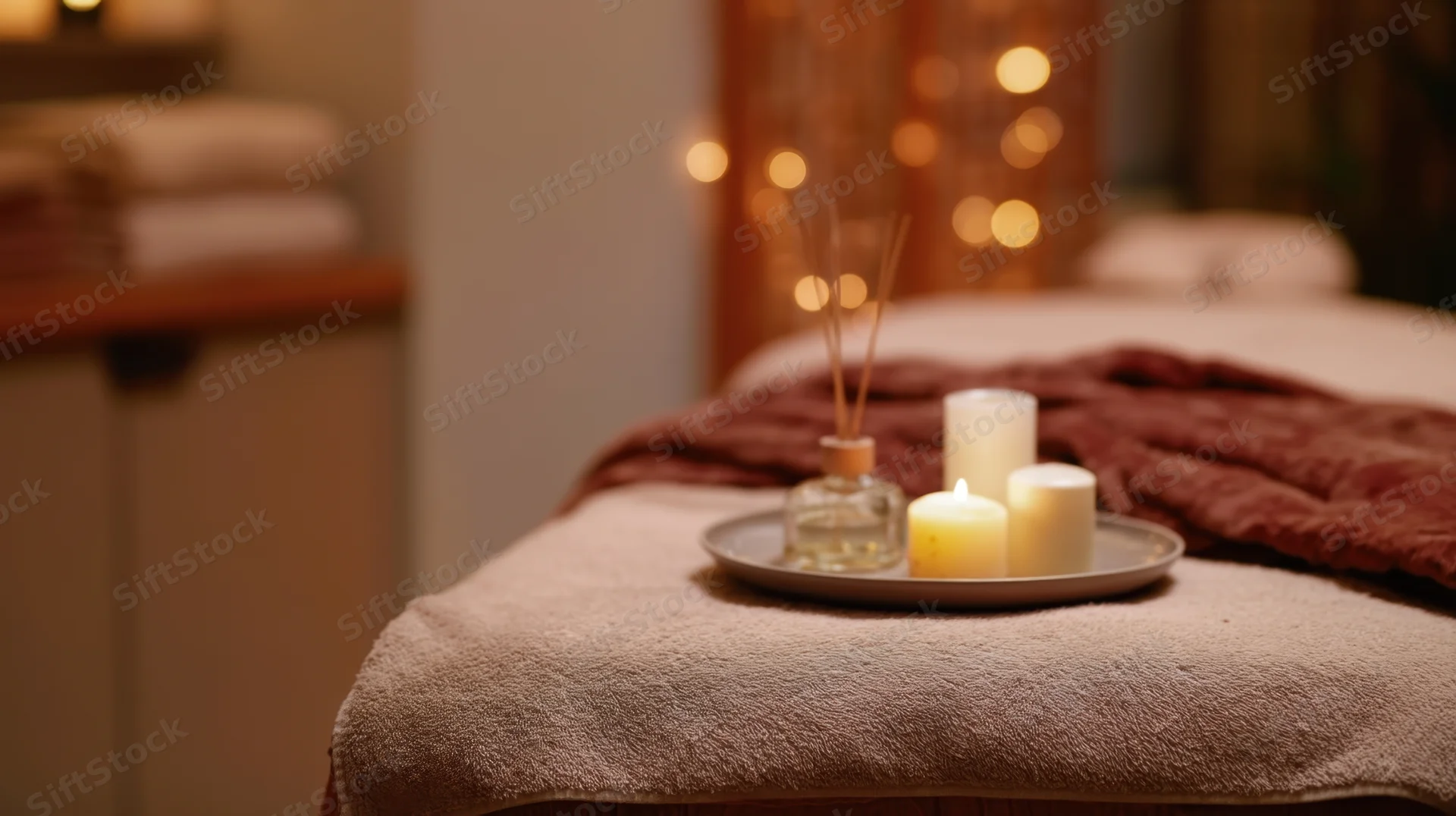 Massage table covered in towels with candles and a reed diffuser on a tray, in a dimly lit spa room