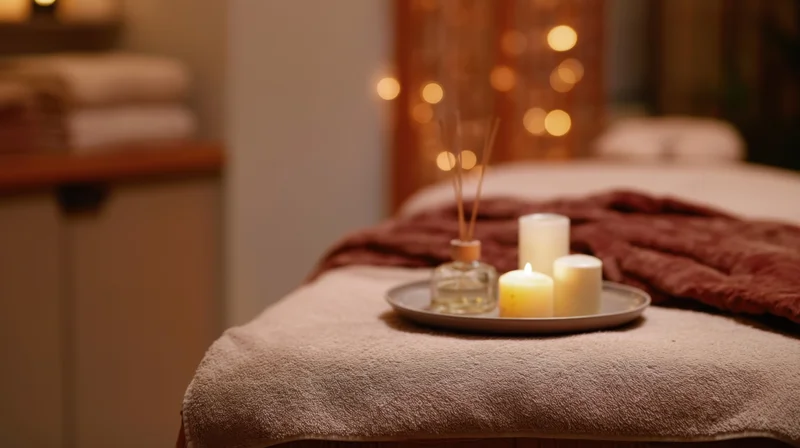 Massage table covered in towels with candles and a reed diffuser on a tray, in a dimly lit spa room
